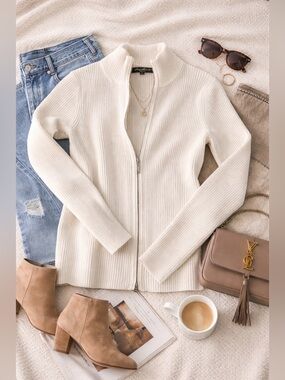 Eddie Bauer Ivory Ribbed Zip Up Sweater Pima Cotton Blend Mock Neck Size Medium
